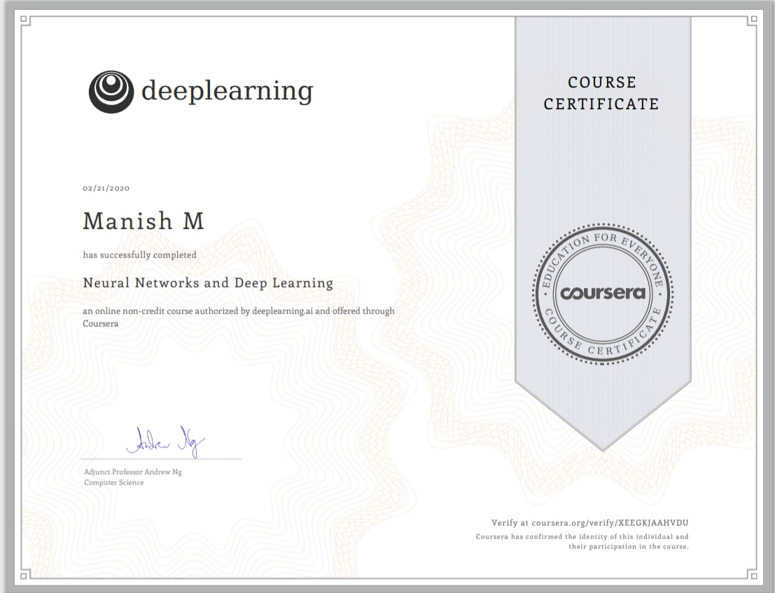 Neural Networks and Deep Learning certificate